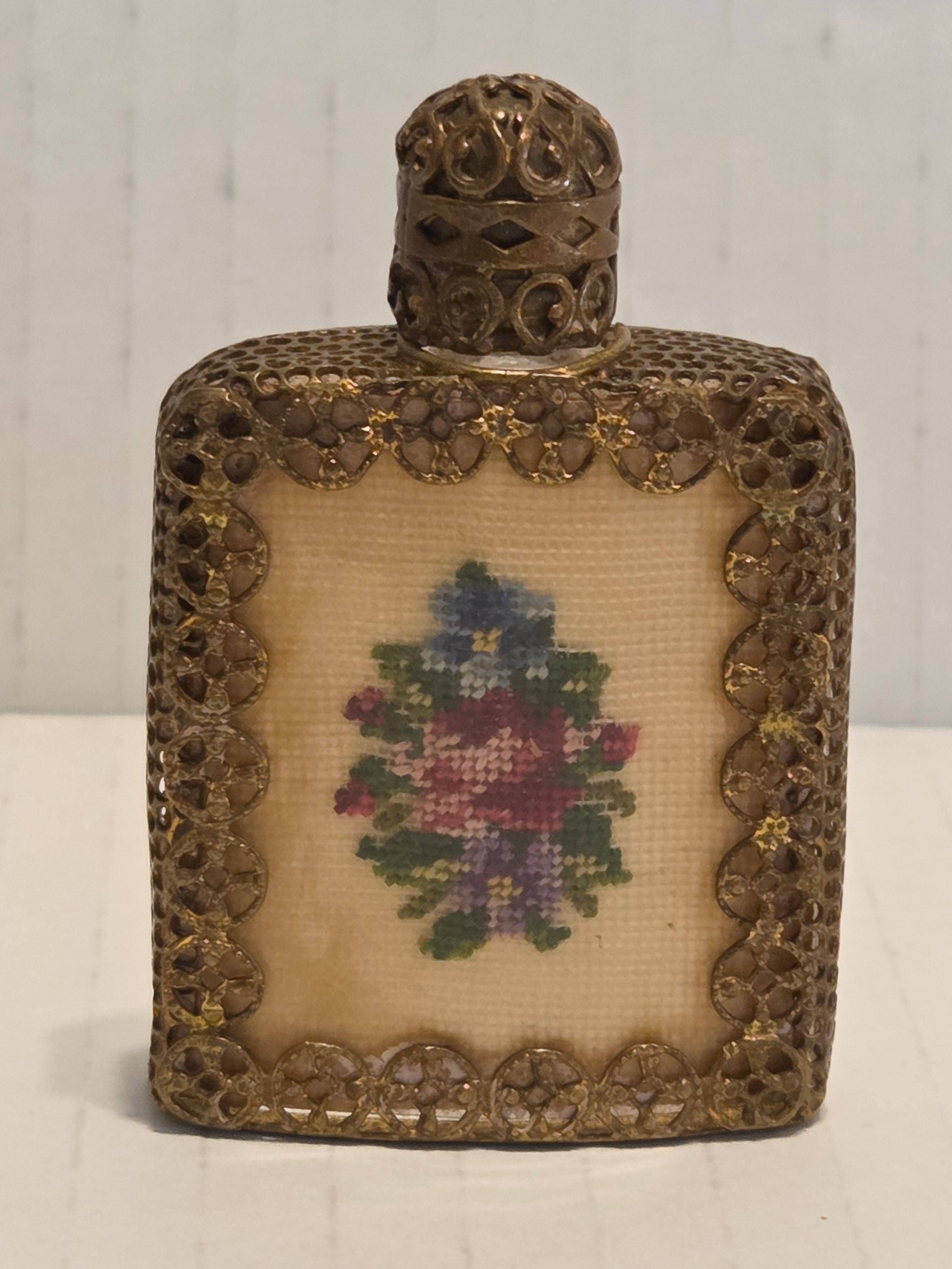 Vintage Pompadour Austrian Petit Point Perfume Bottle | Gilt Metal Filigree Scent Flacon | 1940s Vanity Decor