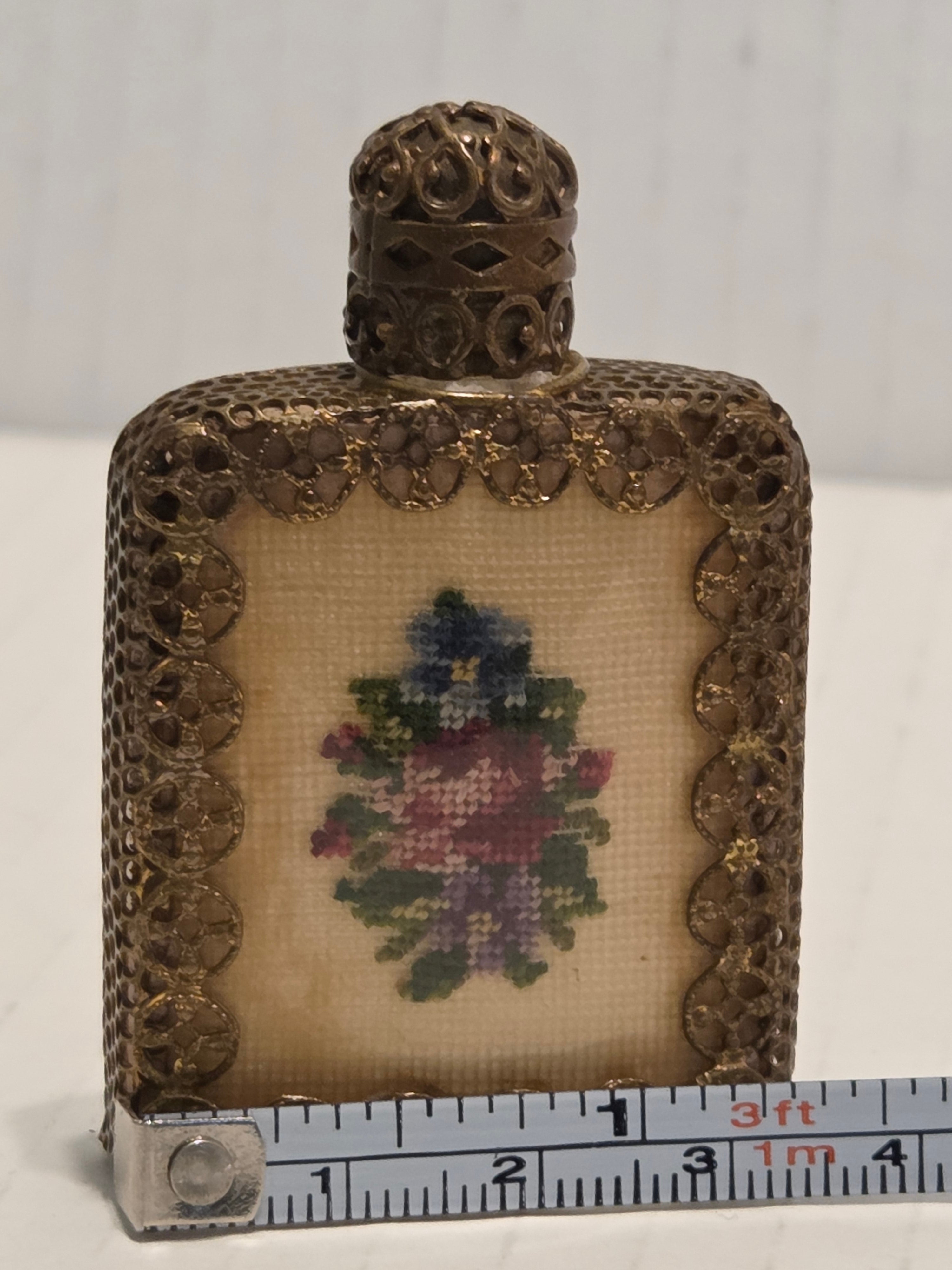 Vintage Pompadour Austrian Petit Point Perfume Bottle | Gilt Metal Filigree Scent Flacon | 1940s Vanity Decor